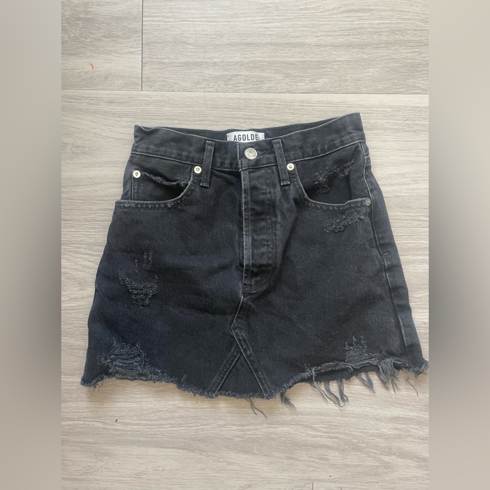 Agolde black denim high waisted distressed mini jean skirt